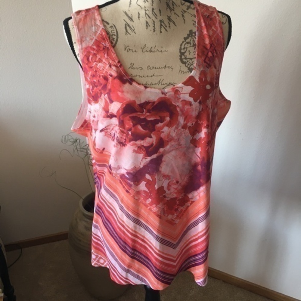 ONE WORLD Coral Pink Orange Floral Striped Tank Top